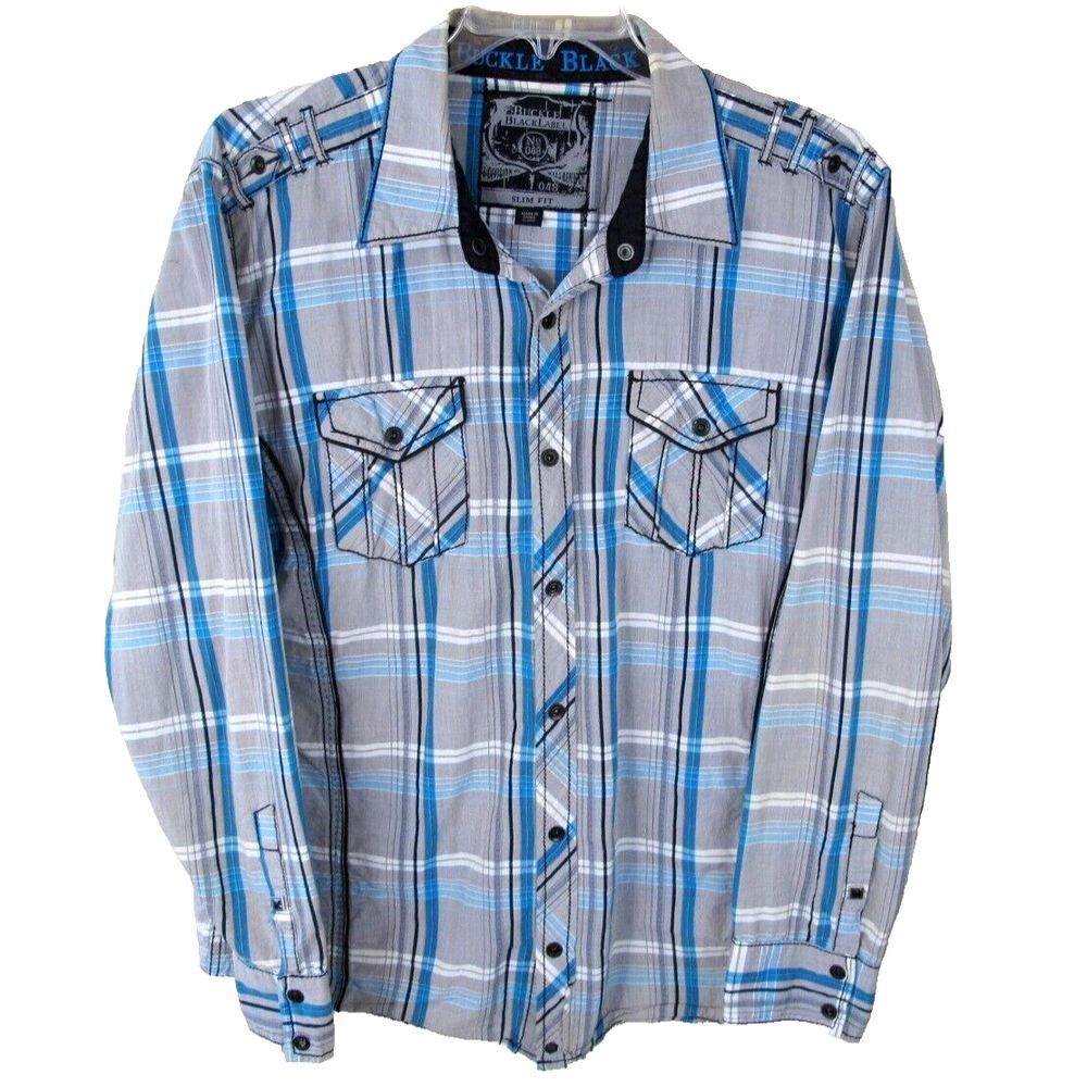BKE Buckle Black Label Slim‎ Fit Snap Button Shirt Men's Large Gray Plaid Casual